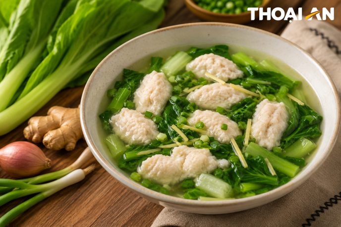 Fish Cake Soup with Mustard Greens – An Easy and Nutritious Family Meal Canh cha ca nau cai be xanh logo