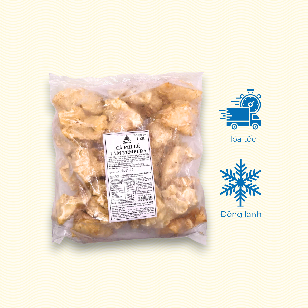 Cá phi lê tẩm Tempura Thoại An 1kg (Đông lạnh) Cá phi lê tẩm Tempura Thoại An 1kg (Đông lạnh)